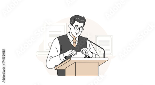 Communicating Ideas: A Professional Presenting With Notes and Microphone at Podium Style