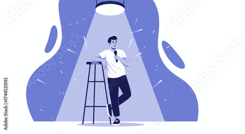 Comic standing on stage under spotlight and holding a microphone ready to perform