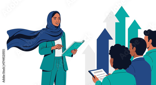 Confident Muslim Woman Leads Business Team Toward Upward Growth and Success Inclusively