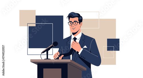 Confident Orator Adjusting Tie At A Podium, Preparing To Deliver A Speech