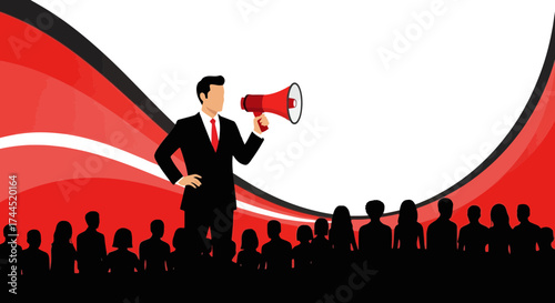 Communicating Leadership: A Business Leader Addressing a Crowd with Megaphone
