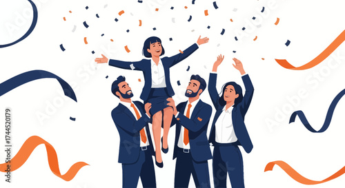 Company Team Celebrating Success Lifting Woman Up Amidst Colorful Confetti and Ribbons