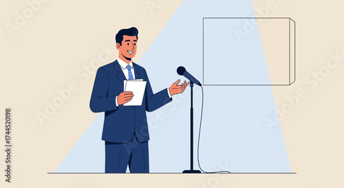 Confident Professional Addressing Audience During Presentation With Microphone And Papers Ready