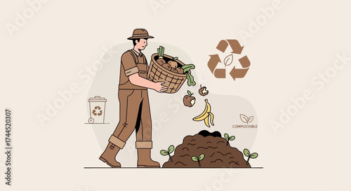 Composting Process Illustration with Farmer, Waste, Recycle Symbol, and Green Plants