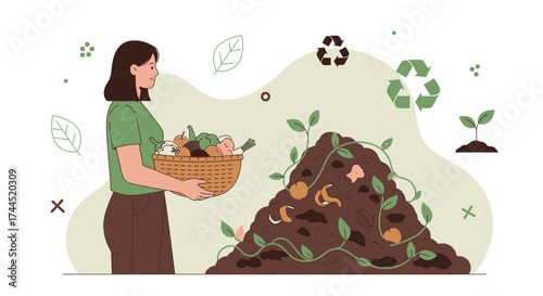Composting Process: Woman Adds Organic Waste To Encourage Sustainable Rebuilding