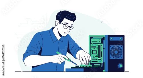 Computer Technician Repairing Hardware Components with Precision in Technology Work