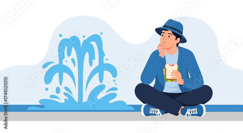 Contemplative Individual Near Water Feature, Enjoying Snack During a Moment of Serenity