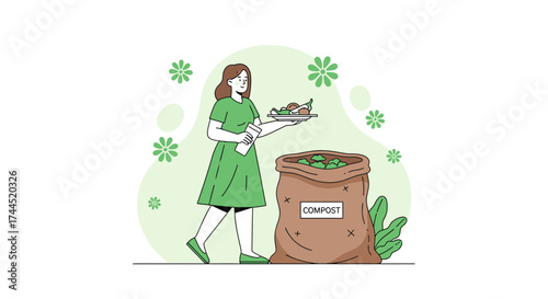 Composting Woman Disposing Food Waste in a Compost Bag for Sustainable Lifestyle Practices