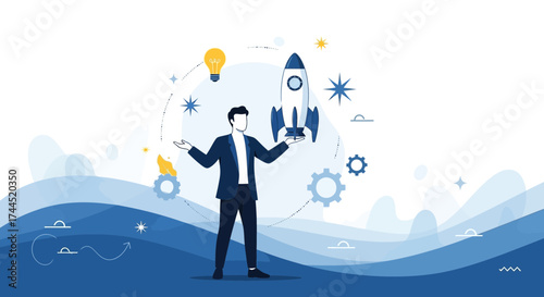 Concept of Business Innovation Represented by a Man Reaching for a Rocket Ship in Front of Waves