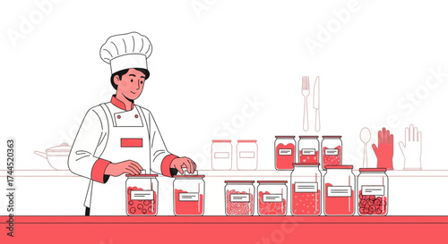 Cook Interacting With Jars Of Ingredients On A Kitchen Countertop In A Colorful Illustration
