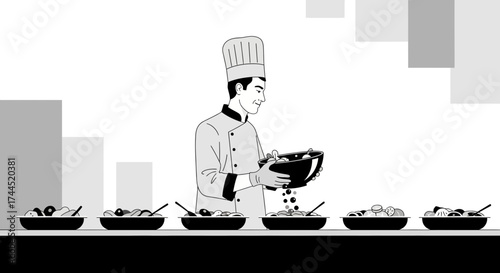 Cook Preparing Dishes, Professional Chef Adding Ingredients To Plated Food For Service Presentation