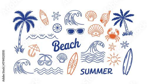 Summer Beach Vibes: Waves, Palm Trees, Surfboards, Suns, Crabs, and Sunglasses for Vacation Designs