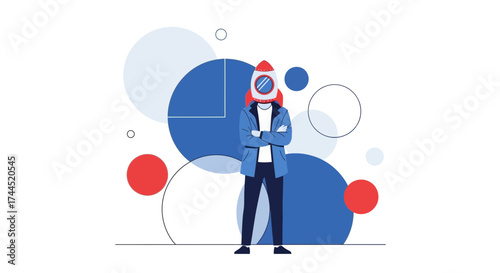 Conceptual Illustration Of An Agile Businessman With Rocket Head Ready For Take Off