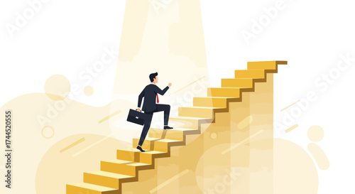 Corporate Ascension Depicted: Businessman Climbing A Staircase, Illustrated Concept