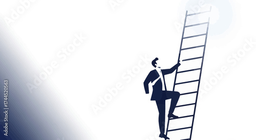 Corporate Ascent: Man Climbing Ladder Toward Bright Light, Achieving Business Success