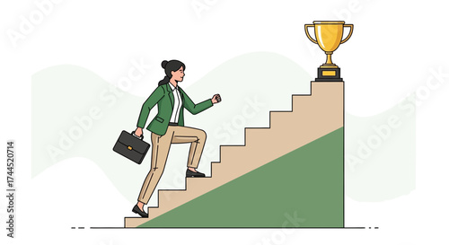 Corporate Woman Climbing Stairs, Achieving Success, Reaching Higher, Winning The Trophy