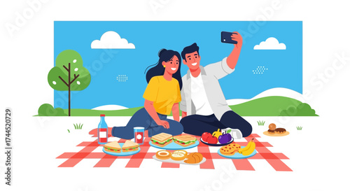 Couple Capturing The Moment During a Picnic Enjoying Together On A Sunny Day