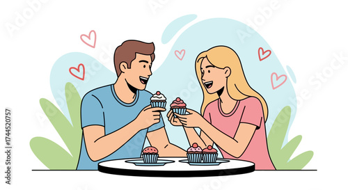 Couple Delights in Treats Expressing Joy and Affection, Sharing Cupcakes in Bliss