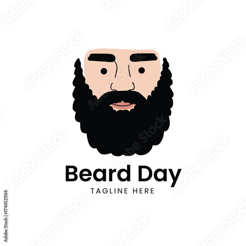 Stylized cartoon man's head with a thick, dark beard, perfect for barbershops, men's grooming products, beard care brands, or a "Beard Day" event, representing masculinity and style.
