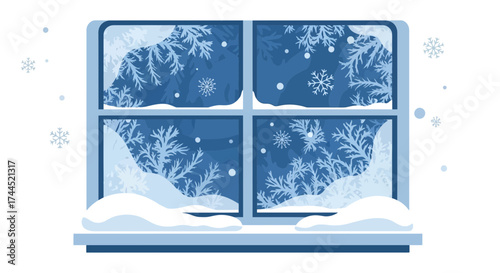 Winter wonderland view from a window with falling snow and frost patterns