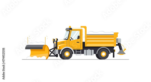 Yellow snowplow truck removing snow from a road during winter season
