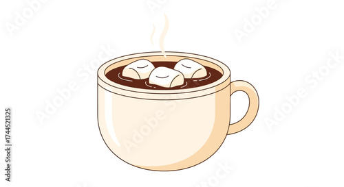 A charming cartoon illustration featuring a hot cocoa beverage with marshmallows