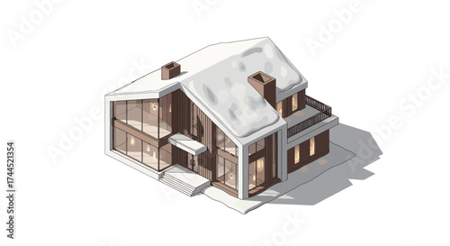 Architectural visualization of modern house with snow-covered roof design
