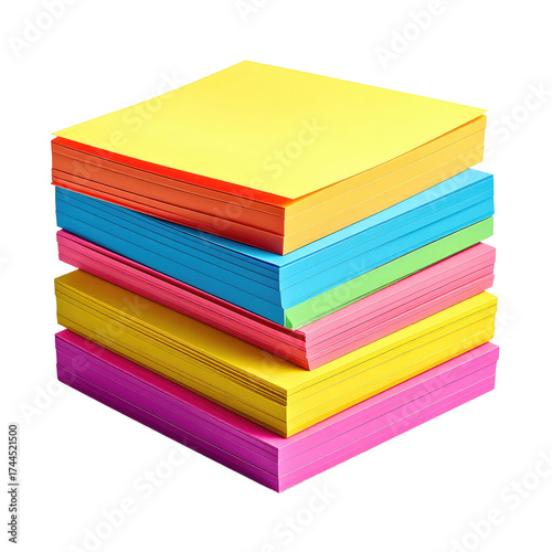 Stacked colorful sticky notes, various vibrant shades, isolated on black