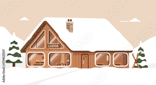 Cozy winter scene with snow covered lodge and skis in a mountainous area