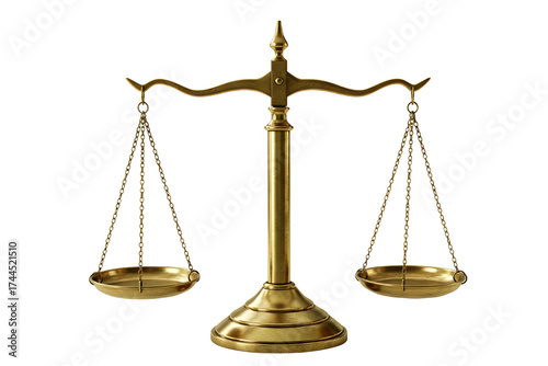 Antique brass justice scales of balance and fairness isolated on transparent background
