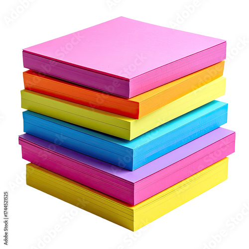 Stacked, colorful sticky note pads, bright, diverse hues, office essentials
