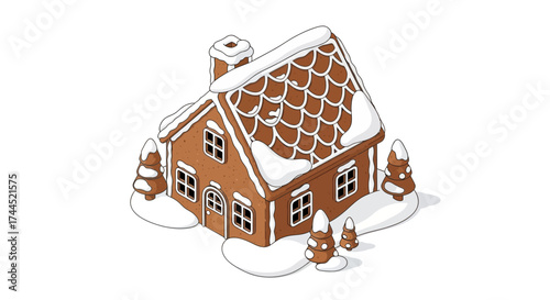 Enchanting Gingerbread House Covered in Snow with Christmas Trees