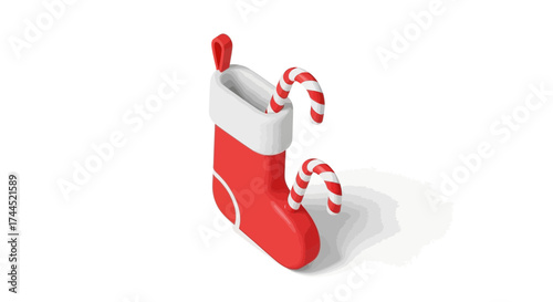 Festive christmas stocking with candy canes illustration in isometric view