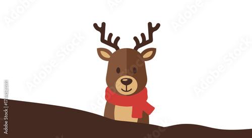 Festive cartoon reindeer wearing a scarf against a wintry background