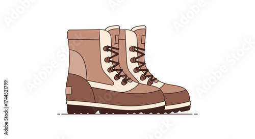 Illustration of high-cut mountaineering boots in shades of brown and beige
