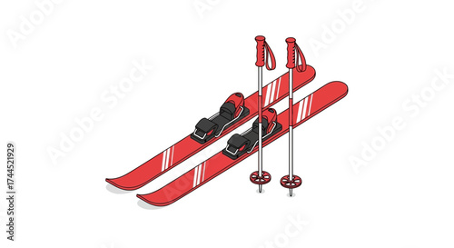 Isometric illustration showcasing skis with poles for winter alpine activities
