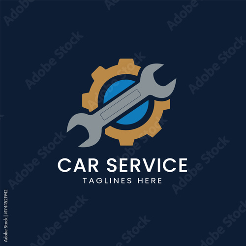 Robust car service logo featuring a wrench and gear integrated into an automotive design, representing reliable auto repair, maintenance, and expert mechanics, ideal