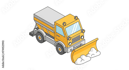 Isometric illustration showcasing yellow snowplow truck isolated background