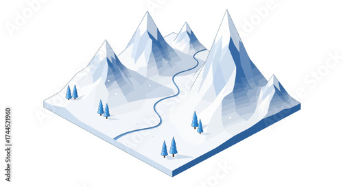 Isometric snowy mountain landscape scene with trees and a winding river