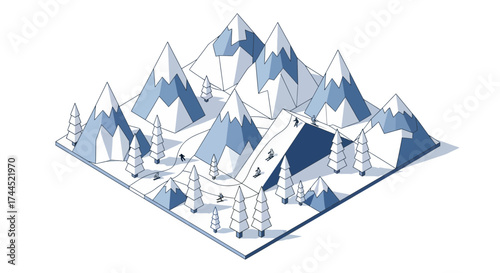 Isometric winter landscape with skiers amidst snowy mountains and trees