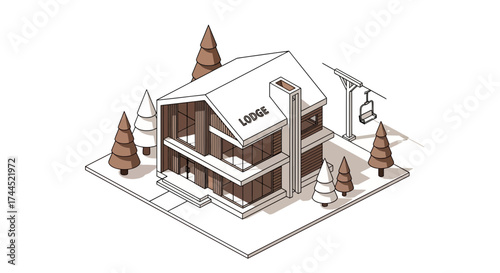 Isometric winter lodge illustration with ski lift and pine trees scene