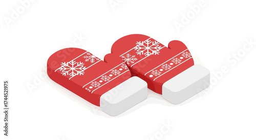 Isometric winter mittens with snowflake pattern isolated on white background