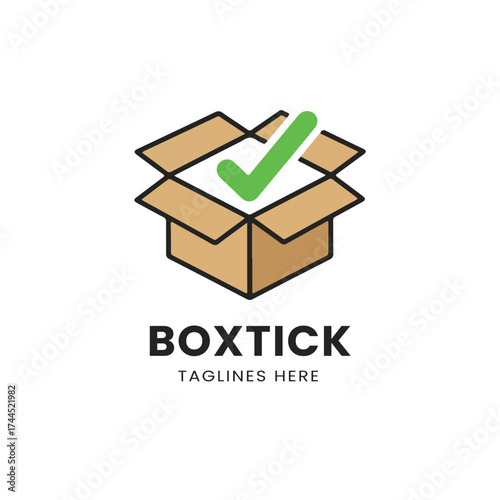 Dynamic Boxtick logo combining a shipping box with a bold check mark, symbolizing efficient delivery, logistics, and successful order fulfillment, perfect for courier services,