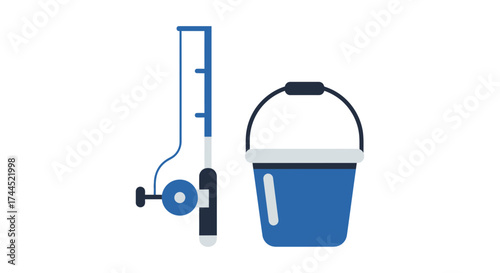 Minimalistic fishing gear illustration featuring rod and bucket design