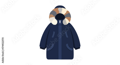 Stylish winter parka with faux fur hood on a clean white backdrop