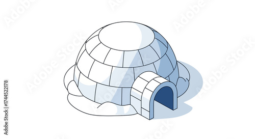 Stylized arctic dwelling illustration featuring geometric forms and cold tones