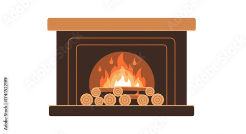 Stylized Fireplace Illustration with Burning Logs and Brown Color Scheme