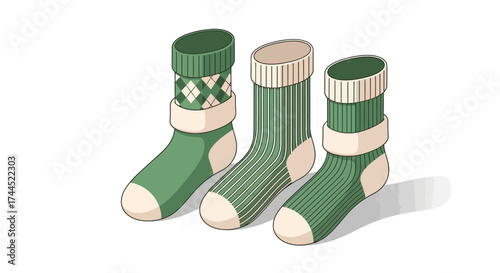Three patterned knitted socks of green shades illustration on white space
