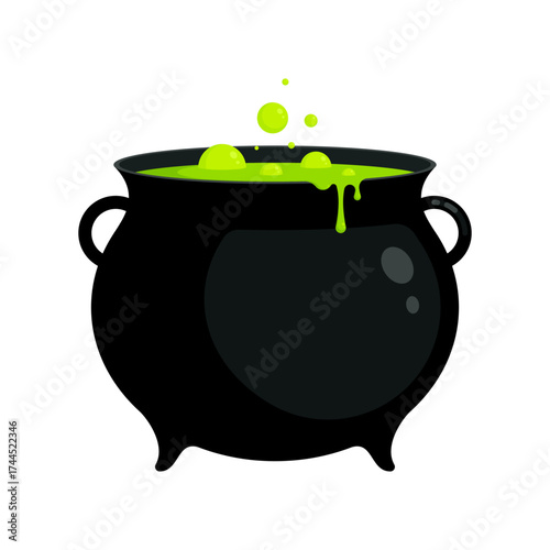 Black cauldron with bubbling green potion and dripping slime. Halloween, witchcraft, magic and spooky decor. Flat vector illustration isolated on white background