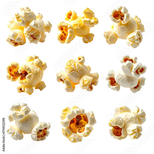 Close-up view of nine fluffy, freshly popped popcorn kernels